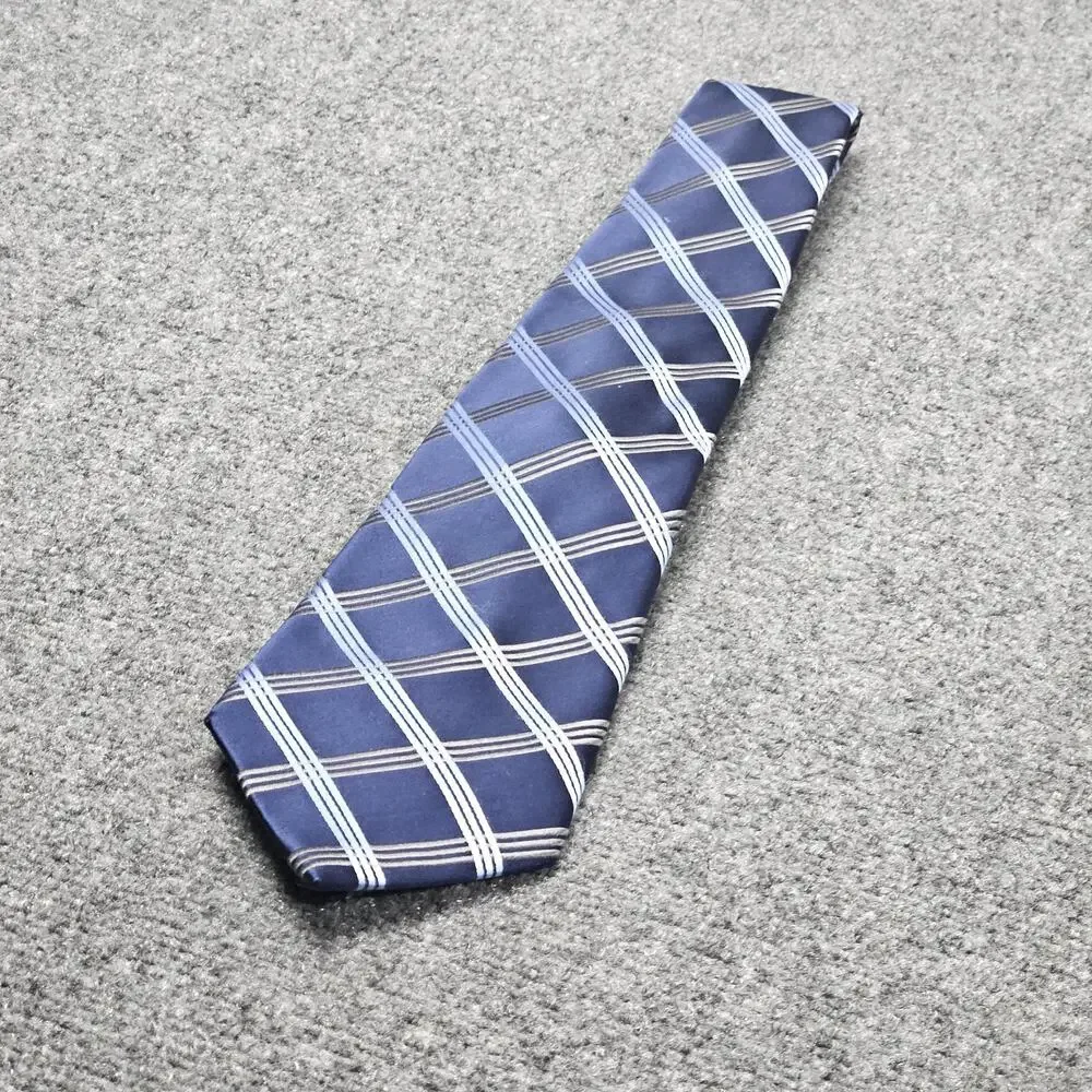 Bugatti Neck Tie Blue Diamond Plaid‎ Pattern 100% Silk Navy White Band Stripes